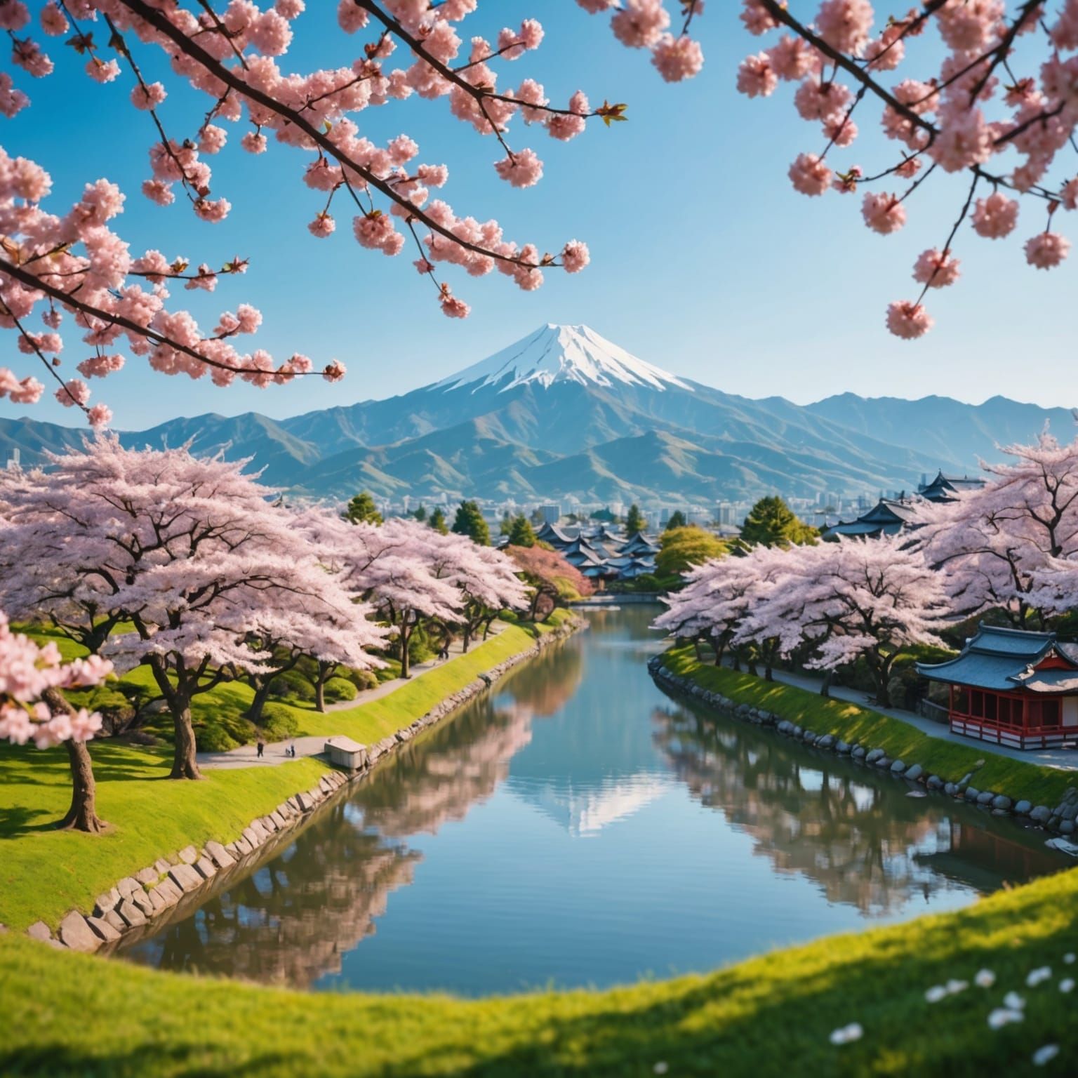 Serene Japanese Cherry Blossom Landscape in Origami Style