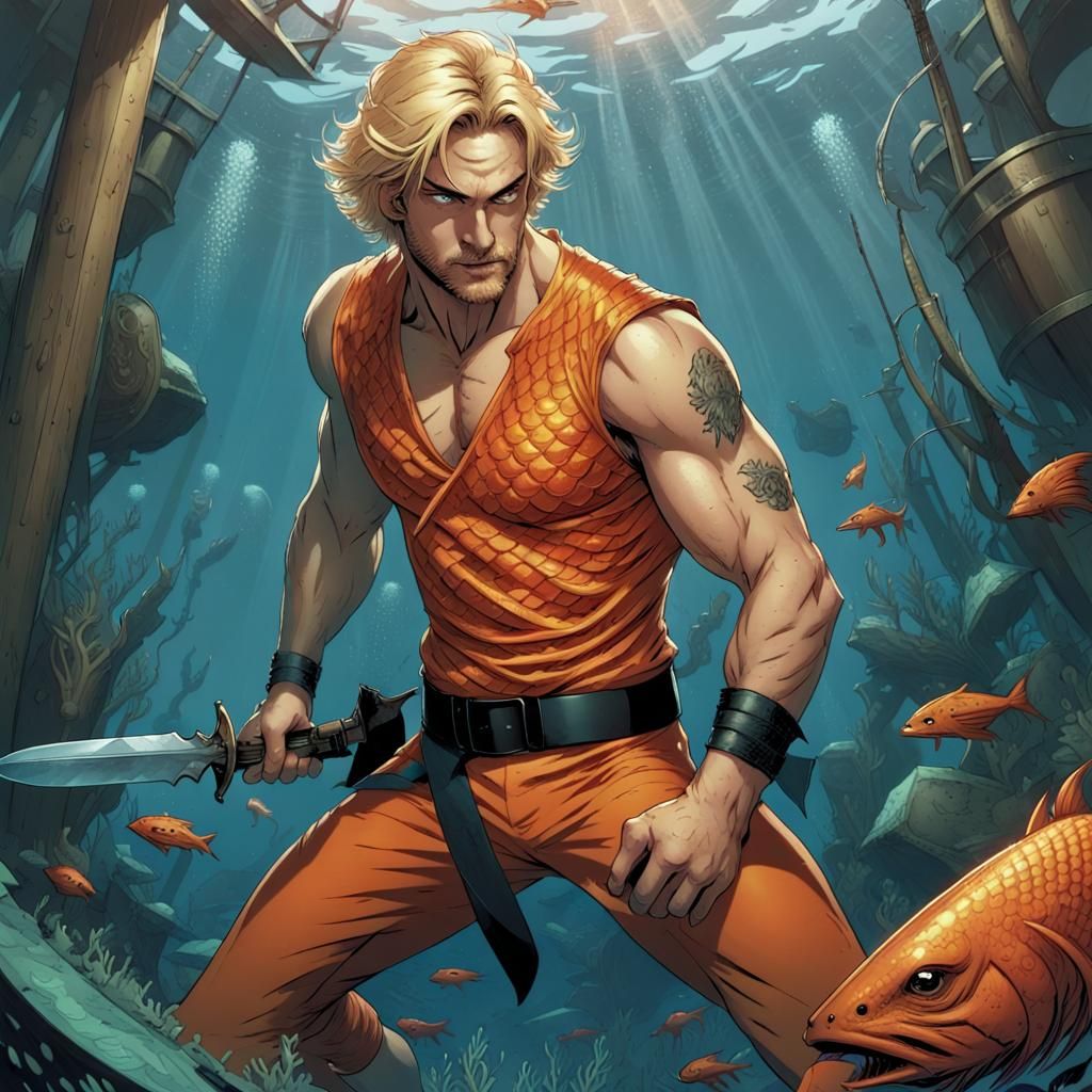 Underwater Blond Man in Comic Book Style