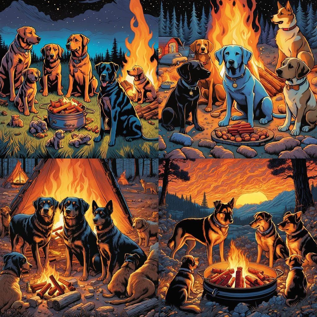 Father Dog and Puppies Around Campfire, Comic Book Art