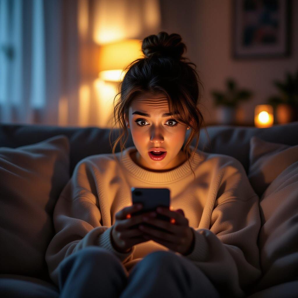 Shocked Person Reacts to Phone in Cozy Living Room