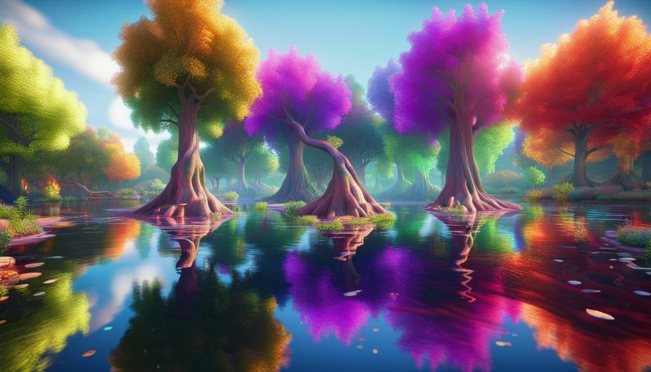 Rainbow Tree Pond: Hyperdetailed Unreal Engine Scene