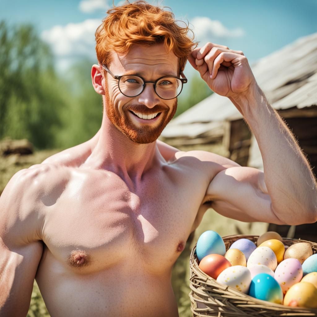 Retro Photo: Handsome Redhead Farmer After Easter Egg Harves...