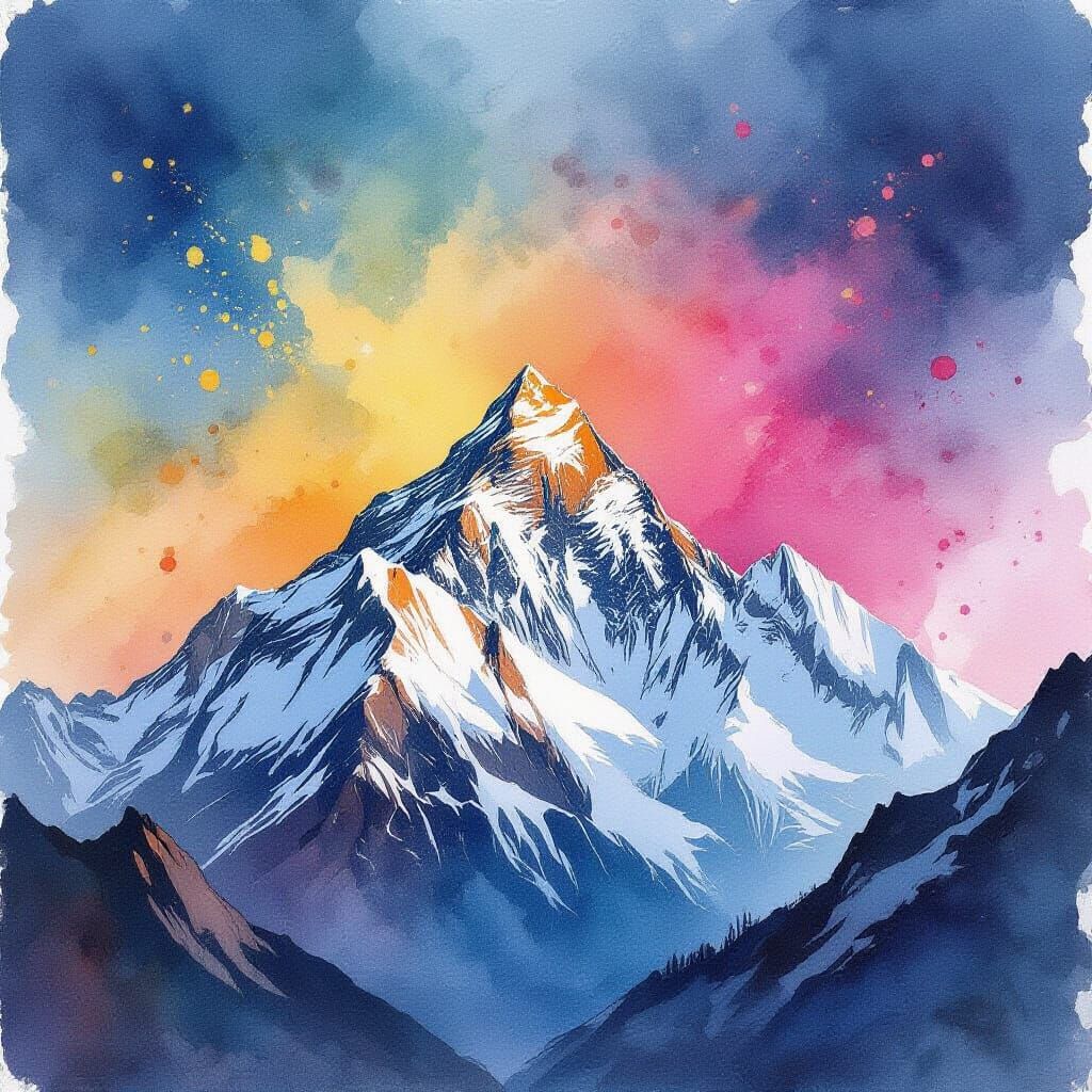 Mount Everest in Watercolor Alcohol Ink Splatter