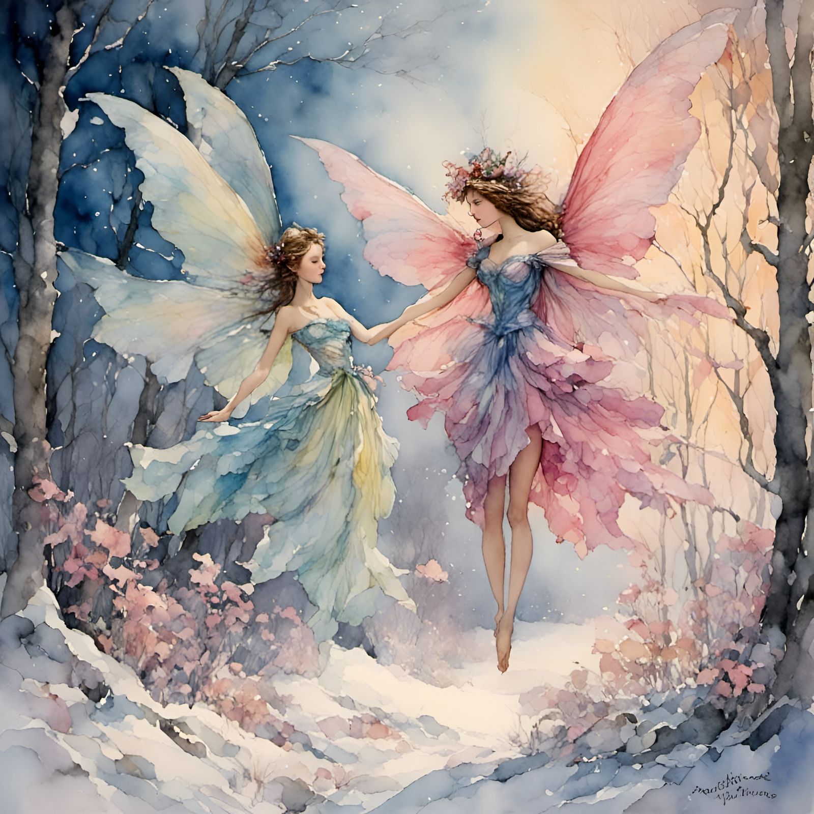 <lora:Pink Snow Watercol 1:1.0> Winter Fairy by Brian Fround, ethereal, shimmery, glimmery, intense color