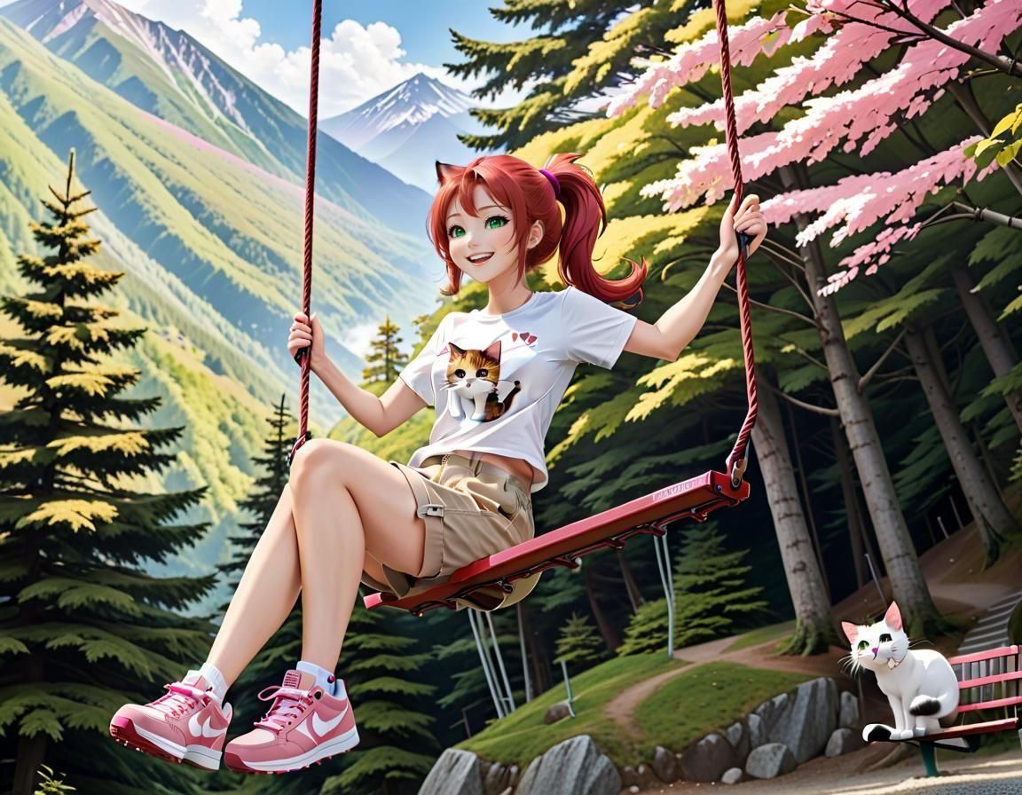 Anime Girl on Giant Swing in Mountain Resort