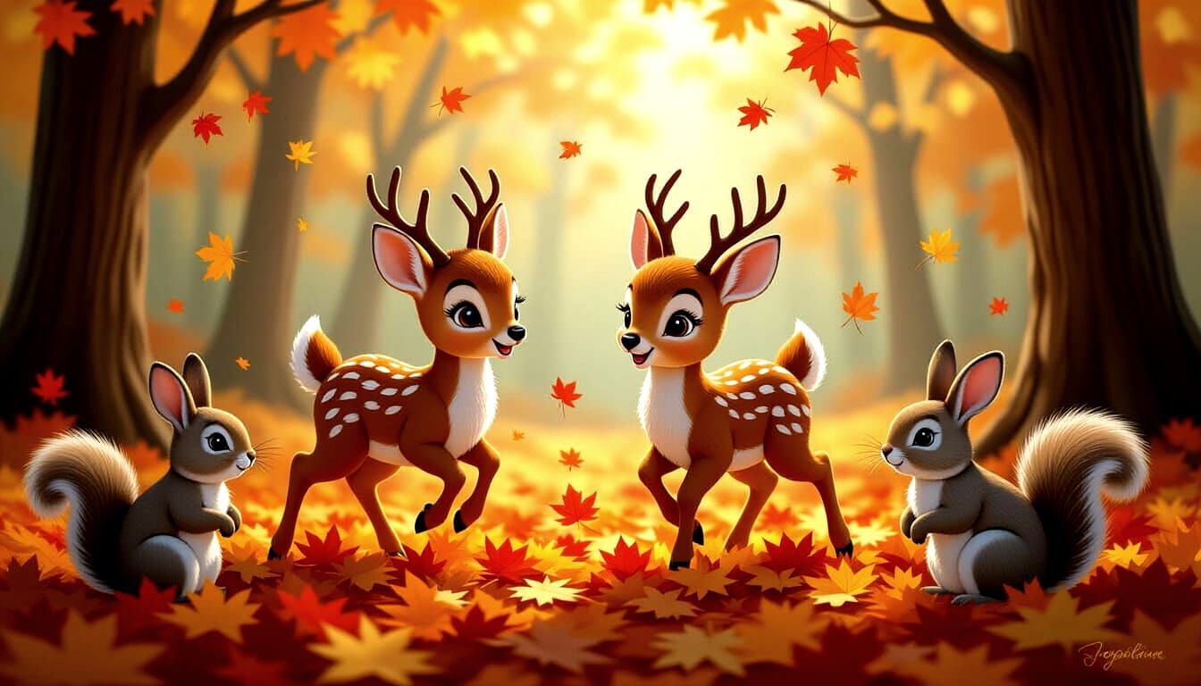Whimsical Autumn Forest Scene With Animals