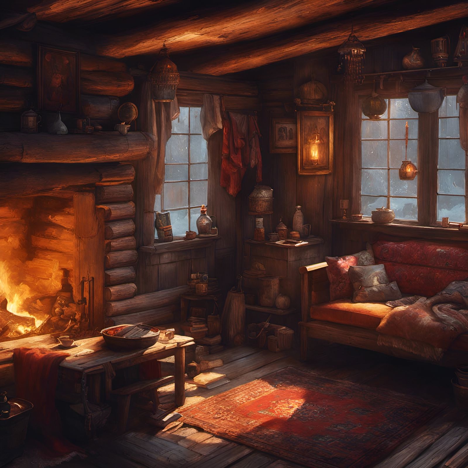 Boho Log Cabin Interior with Fireplace, Digital Art