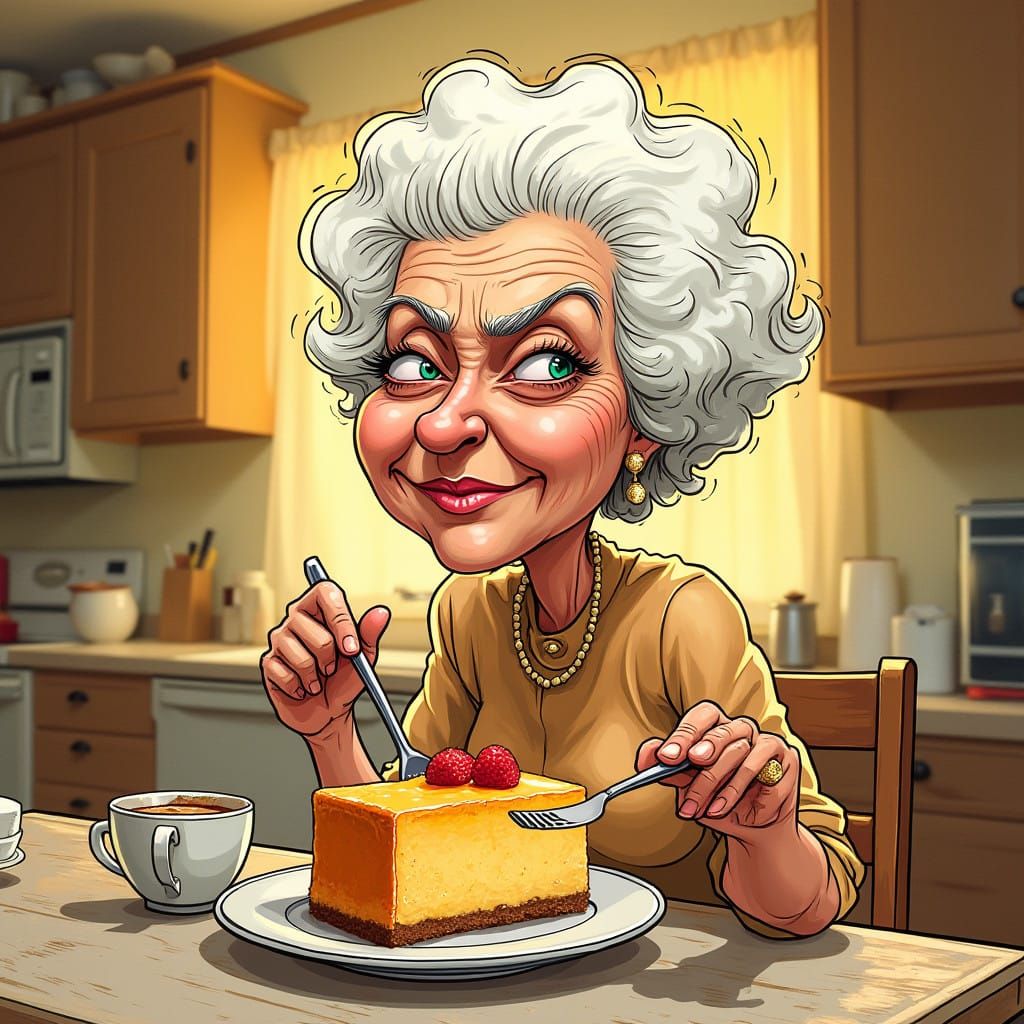 illustrated Caricature of jaded Bea Arthur, rolling her eyes, eating cheesecake in the kitchen