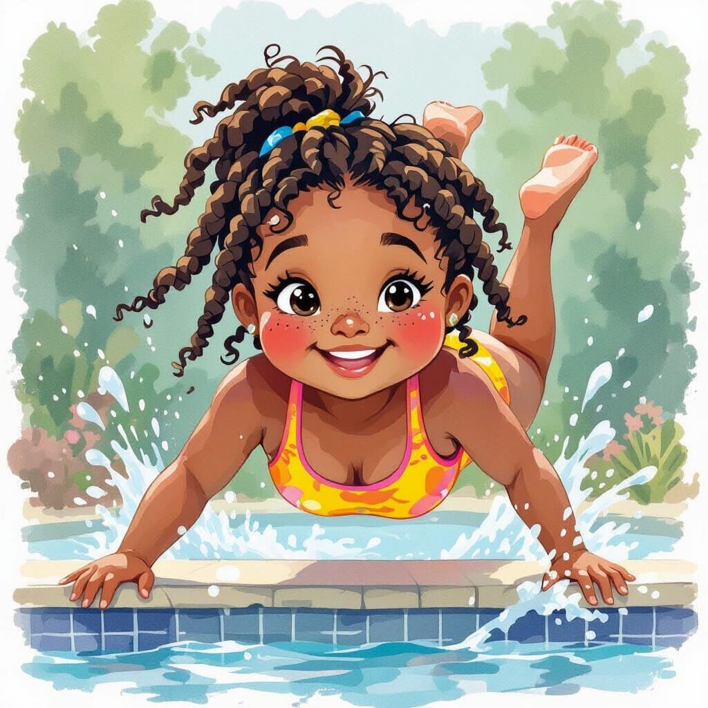 Girl's Joyful Dive: Watercolor Illustration