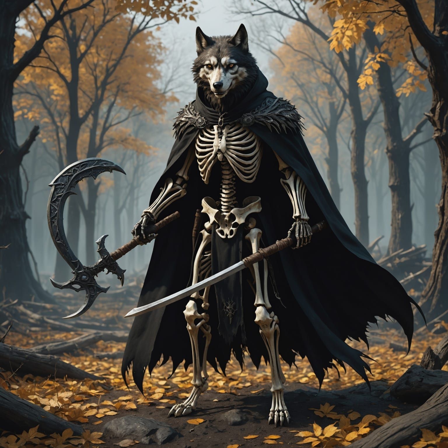 Wolf Skeleton Grim Reaper in Dark Fantasy Art