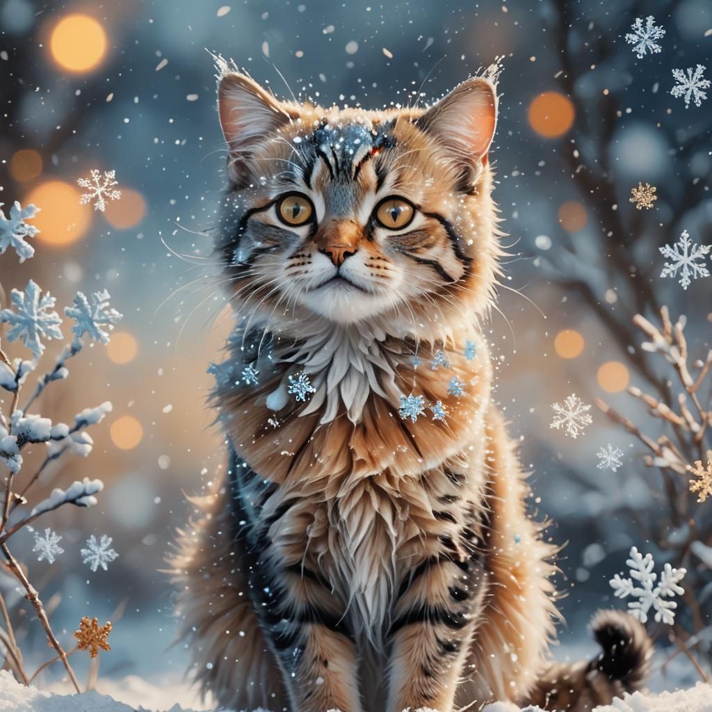Small Cat in Falling Snow: Hyperrealistic Wildlife Art