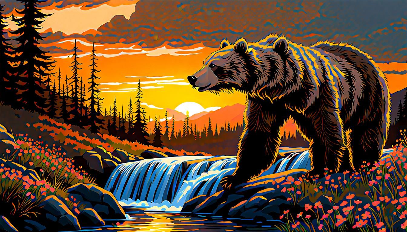 Grizzly Bear Catching Salmon at Golden Hour