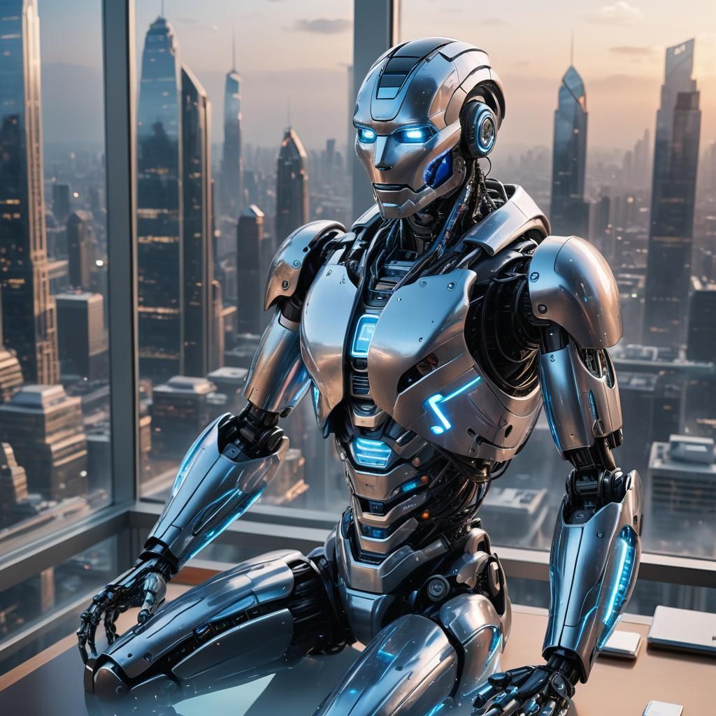 Futuristic AI Robot in Neon Cityscape Office