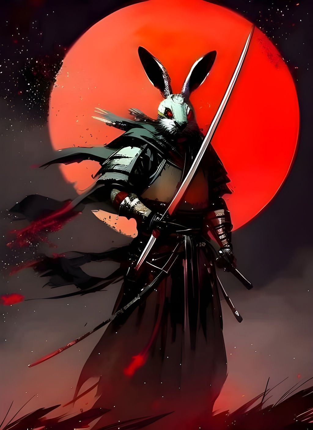 Fluffy Bunny Samurai Portrait in Textured Speedpaint Style