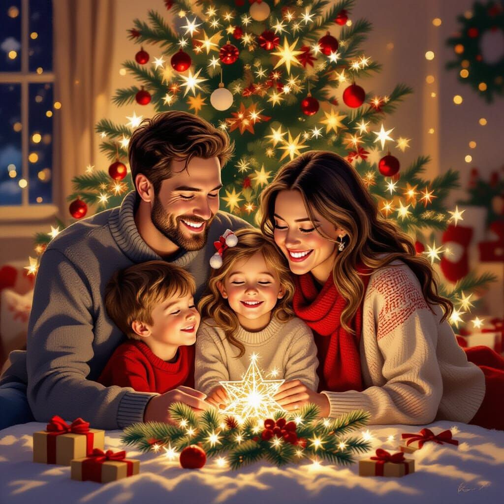 Family Christmas Celebration Around Decorated Tree