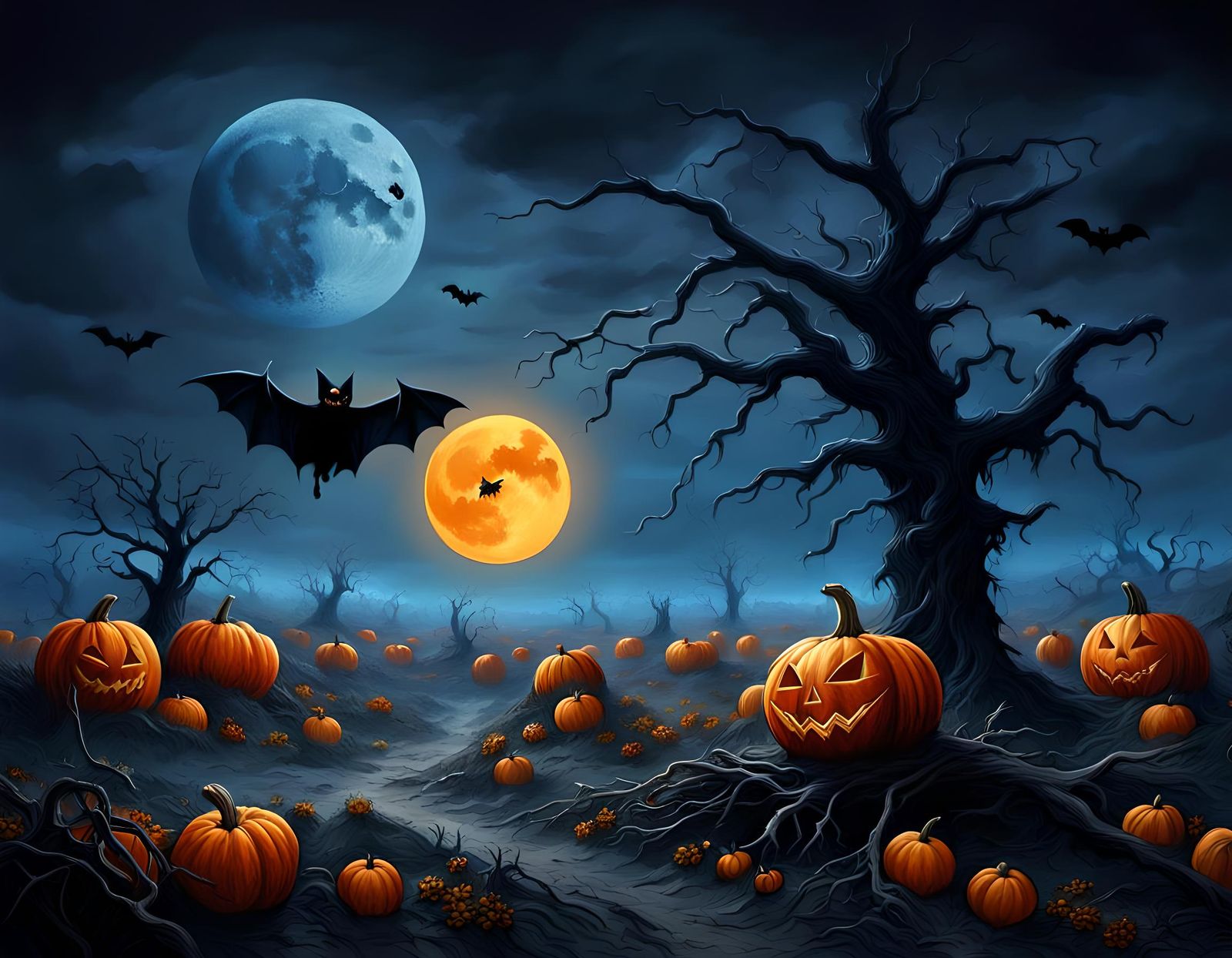 Halloween Night with Pumpkin, Bat, and Moon