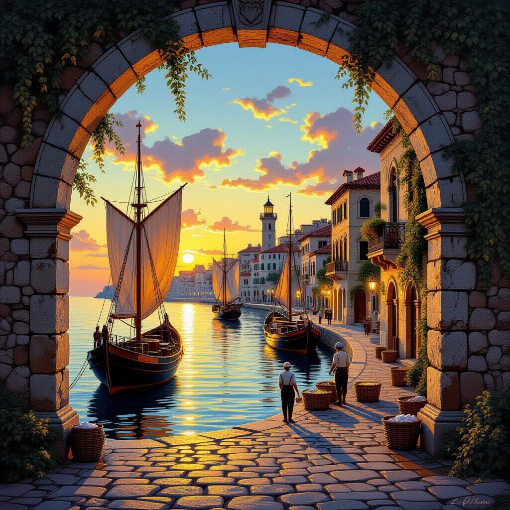 Golden Hour Mediterranean Port at Dusk