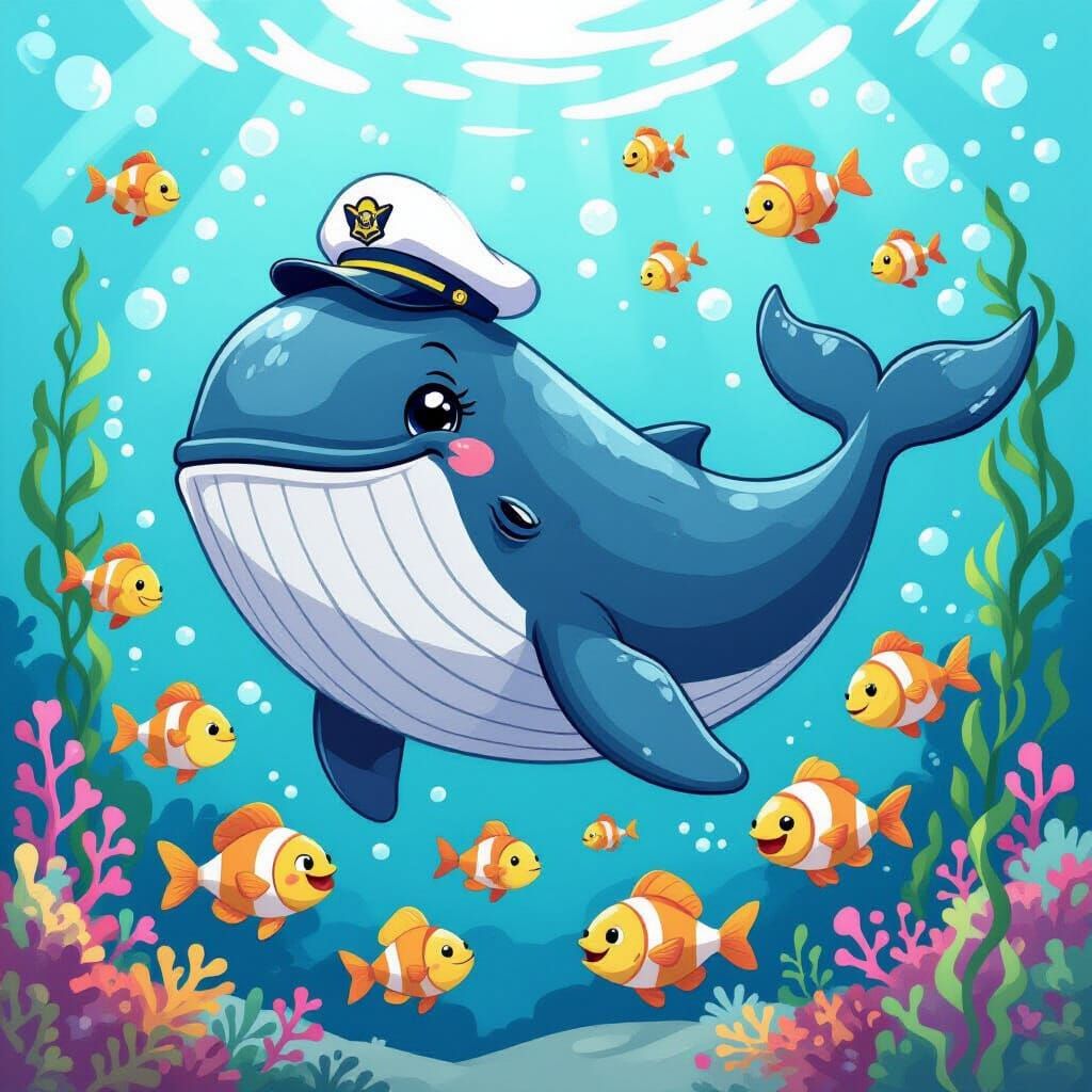 Whimsical Whale Captain in Cartoon Ocean