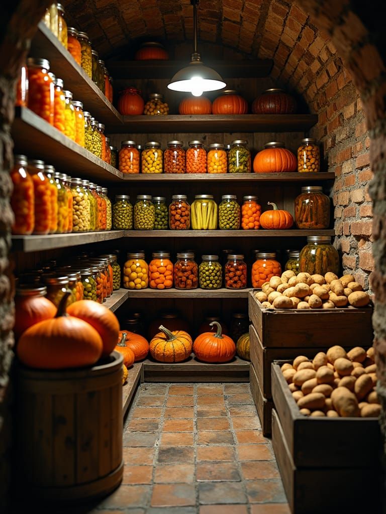 Charming Cellar with Pickles in Autumnal Light
