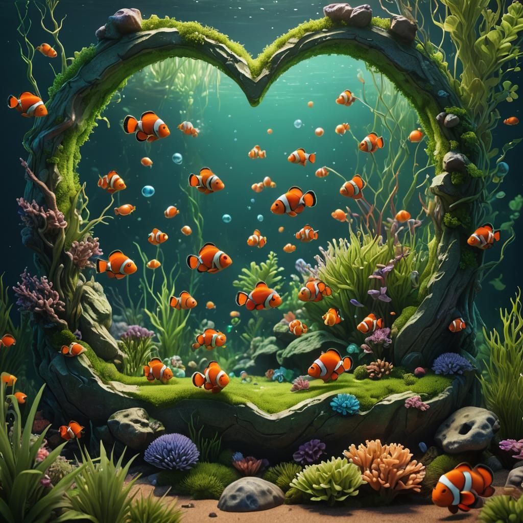 Heart-Shaped Fish Tank with Clownfish in Fantasy Art