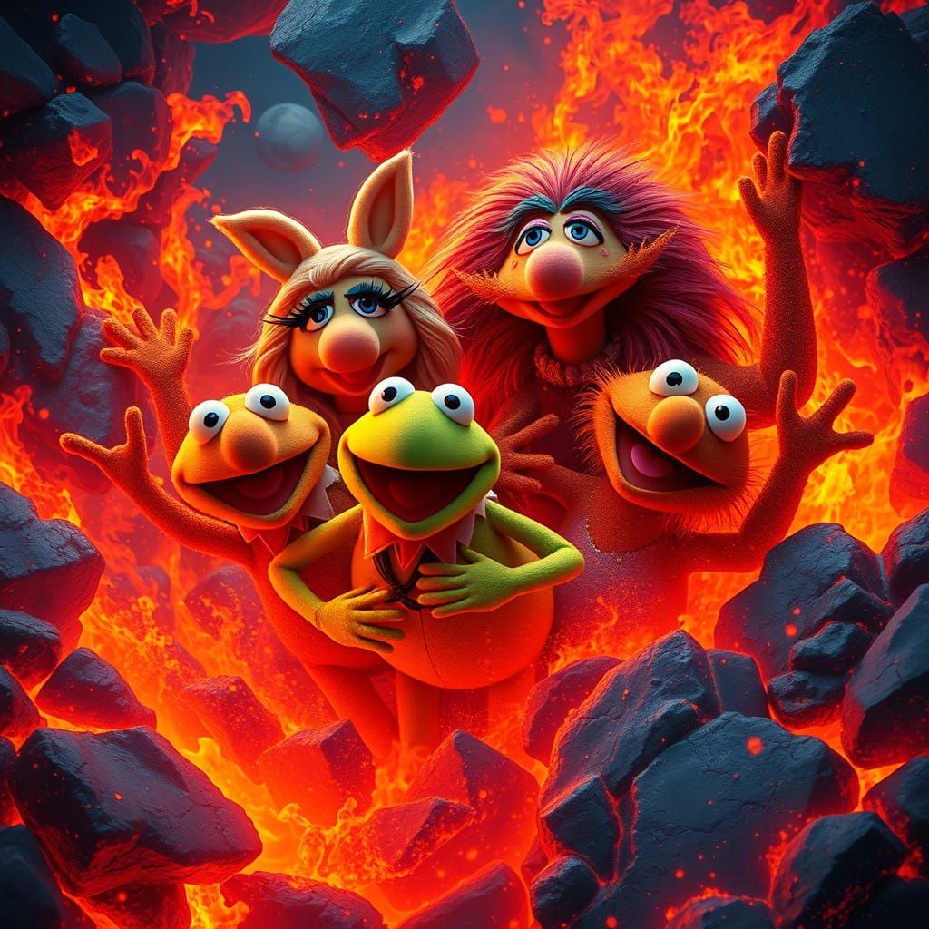 Muppets in Fiery Chaos: A Vivid Concept Art Piece