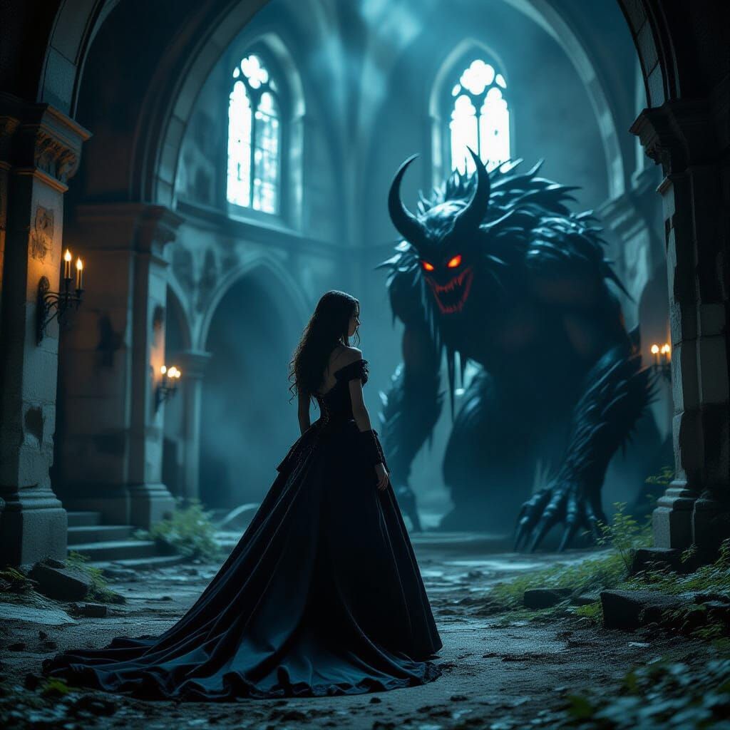 Gothic Castle Encounter: Beauty and Beast in Moody Light