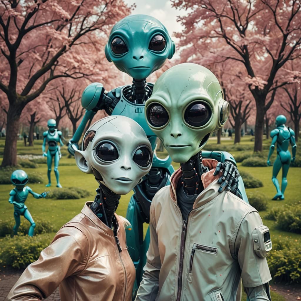 Happy Couple Selfie with Alien in Futuristic Park