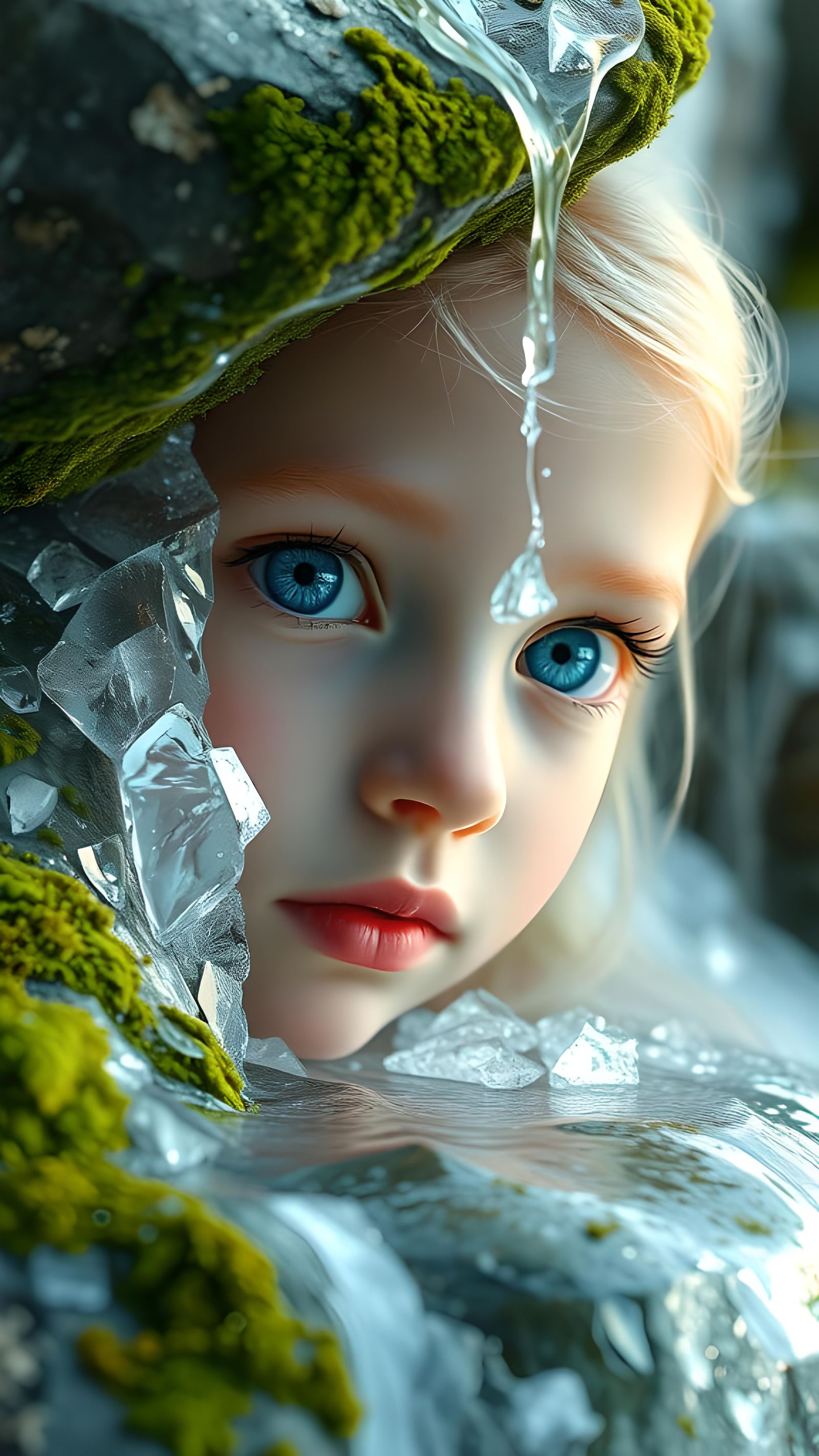 Waterfall Avatar Child Crying with Lush Moss