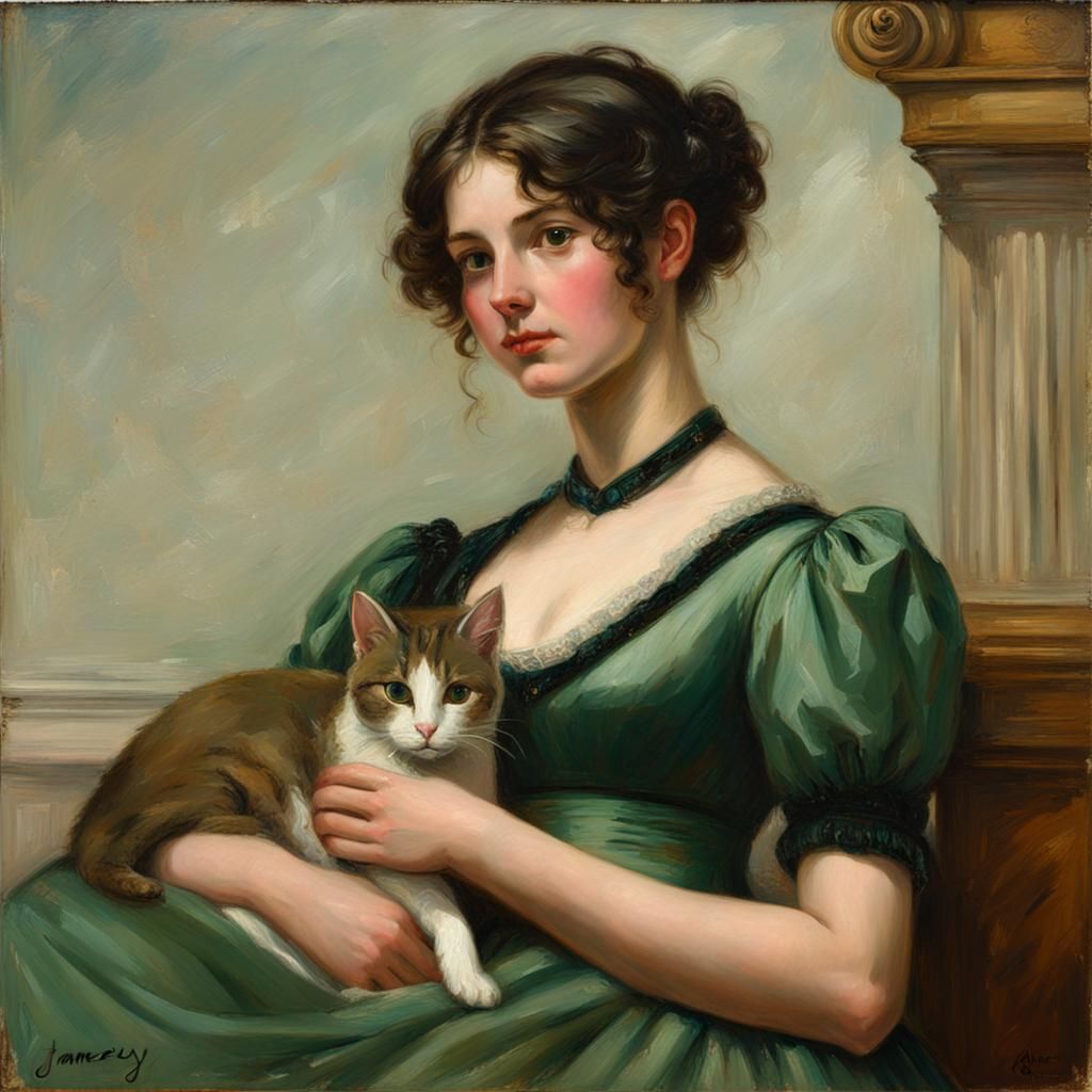 Regency Woman with Cat: Oil Painting