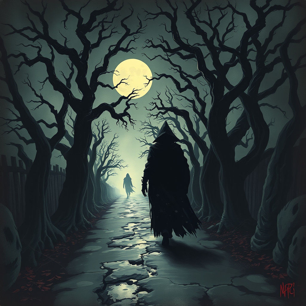 Ominous Figure in Moonlit Dreamscape: A Fusion of Styles