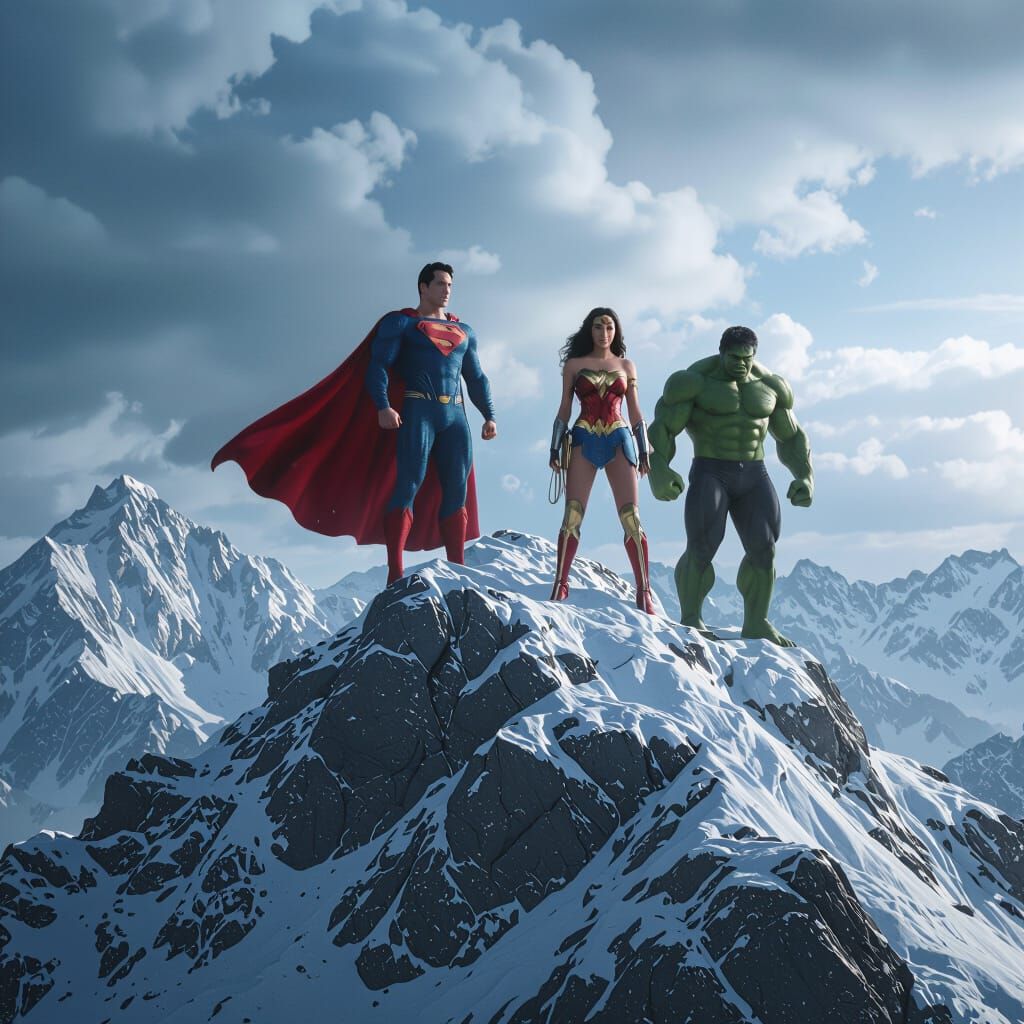 Superheroes on Stormy Mountain Peak