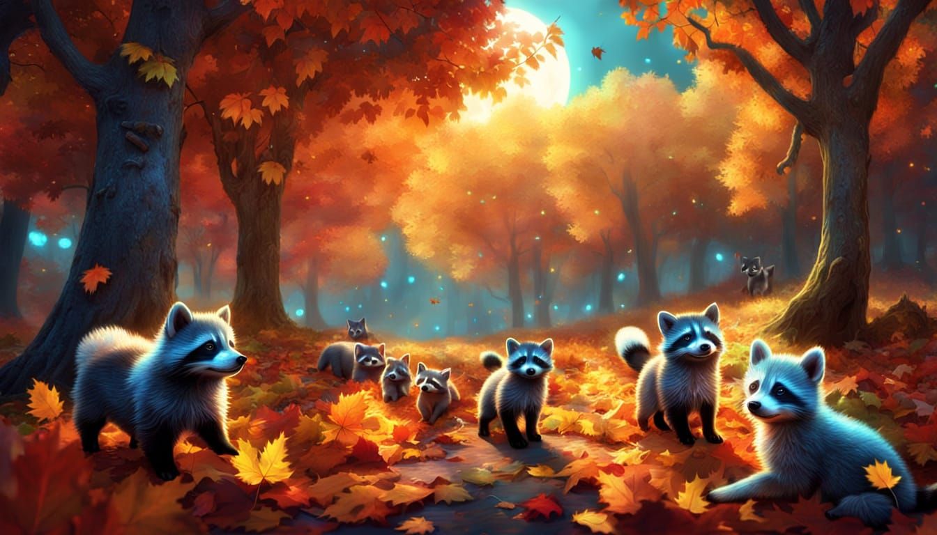 Cute Puppies And Raccoon Babies Play In Autumn Leaves