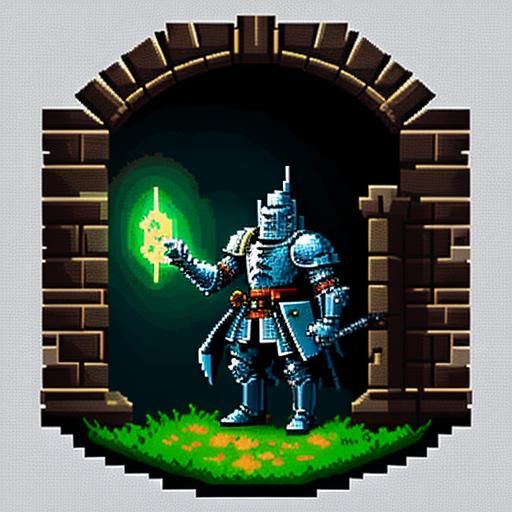 Pixel art character: a knight standing guard at the entrance of a haunted castle. 16-bit retro style, bold outlines, det...