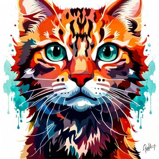 Cute Cat Portrait in Inkblot Style