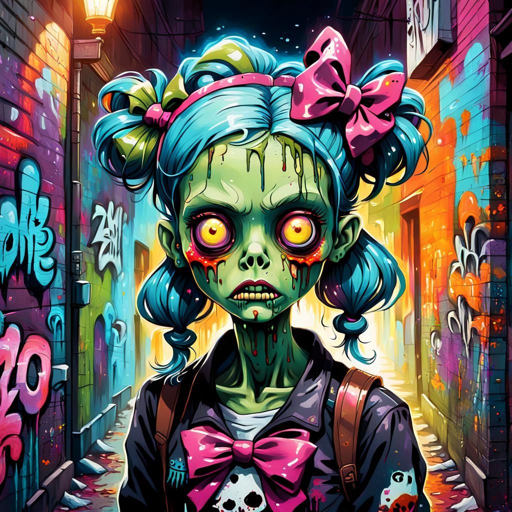 Cute Zombie Girl in Graffiti Alleyway, Pop Surrealism