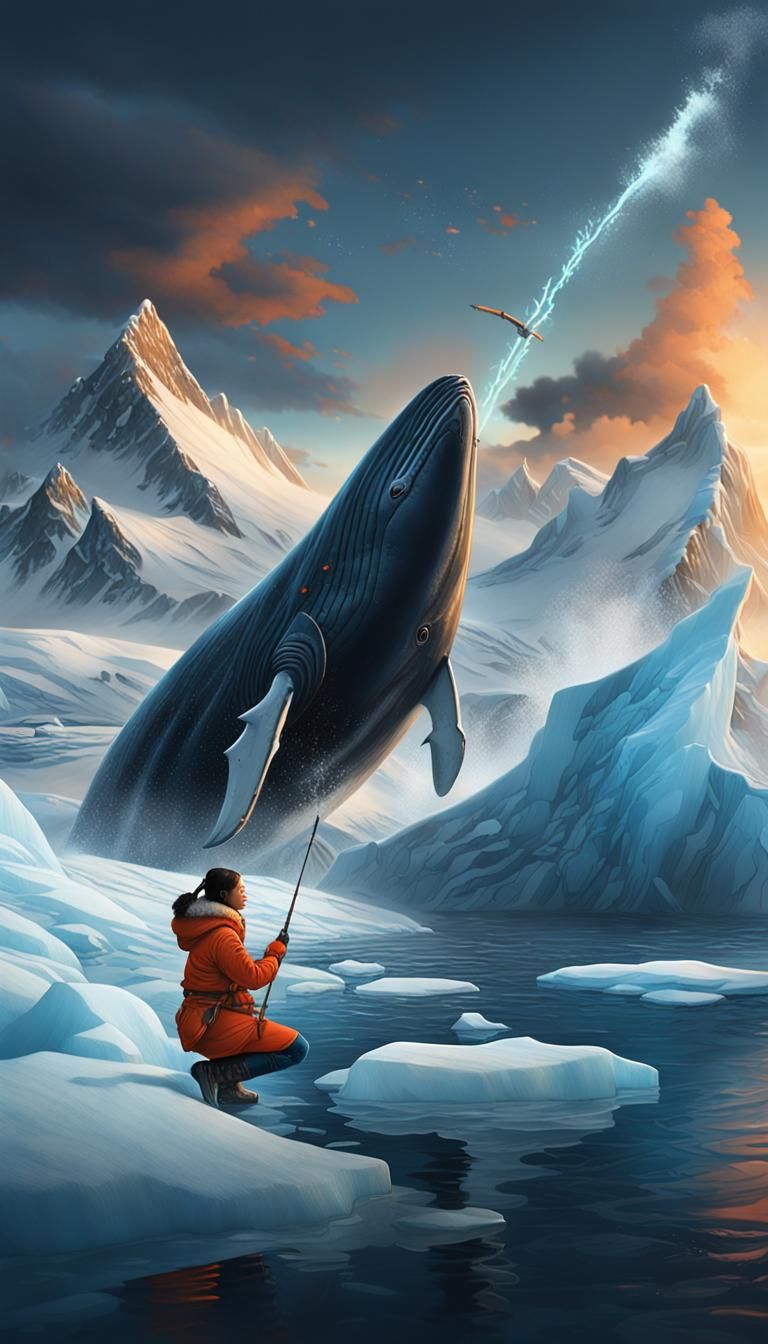 Hyperrealistic Inuit Woman Hunting Whale in Icy Waters
