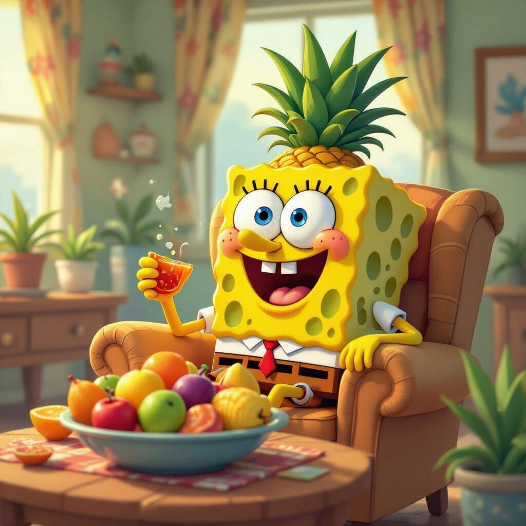 SpongeBob Enjoys Tropical Fruits at Home in 2D Animation Sty...