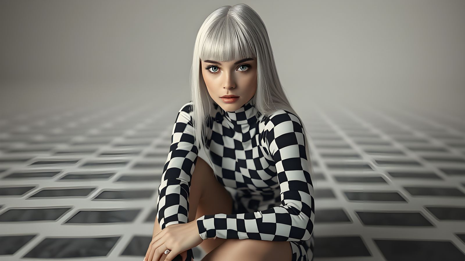 Surreal Chessboard Woman with Platinum Hair