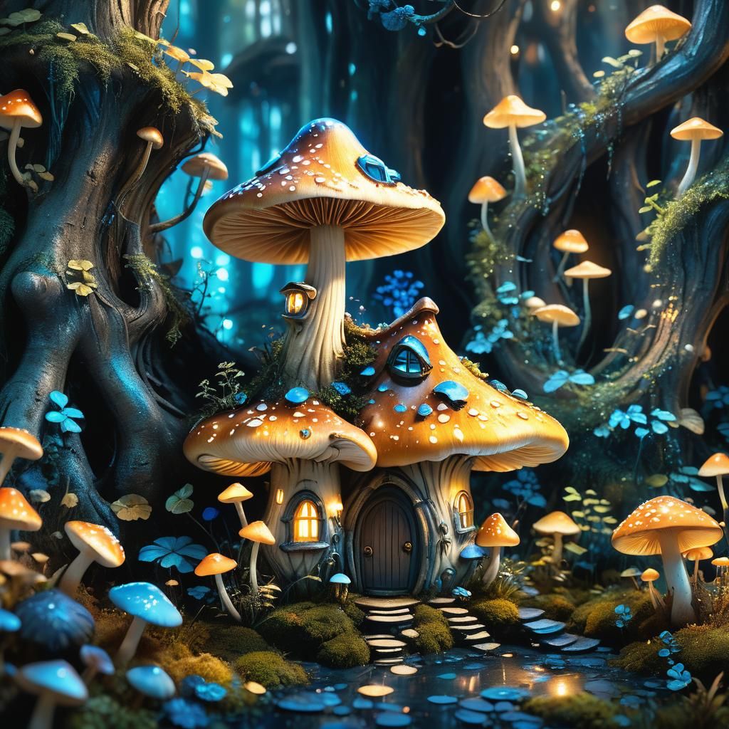 Fairy Mushroom House in Bioluminescent Forest