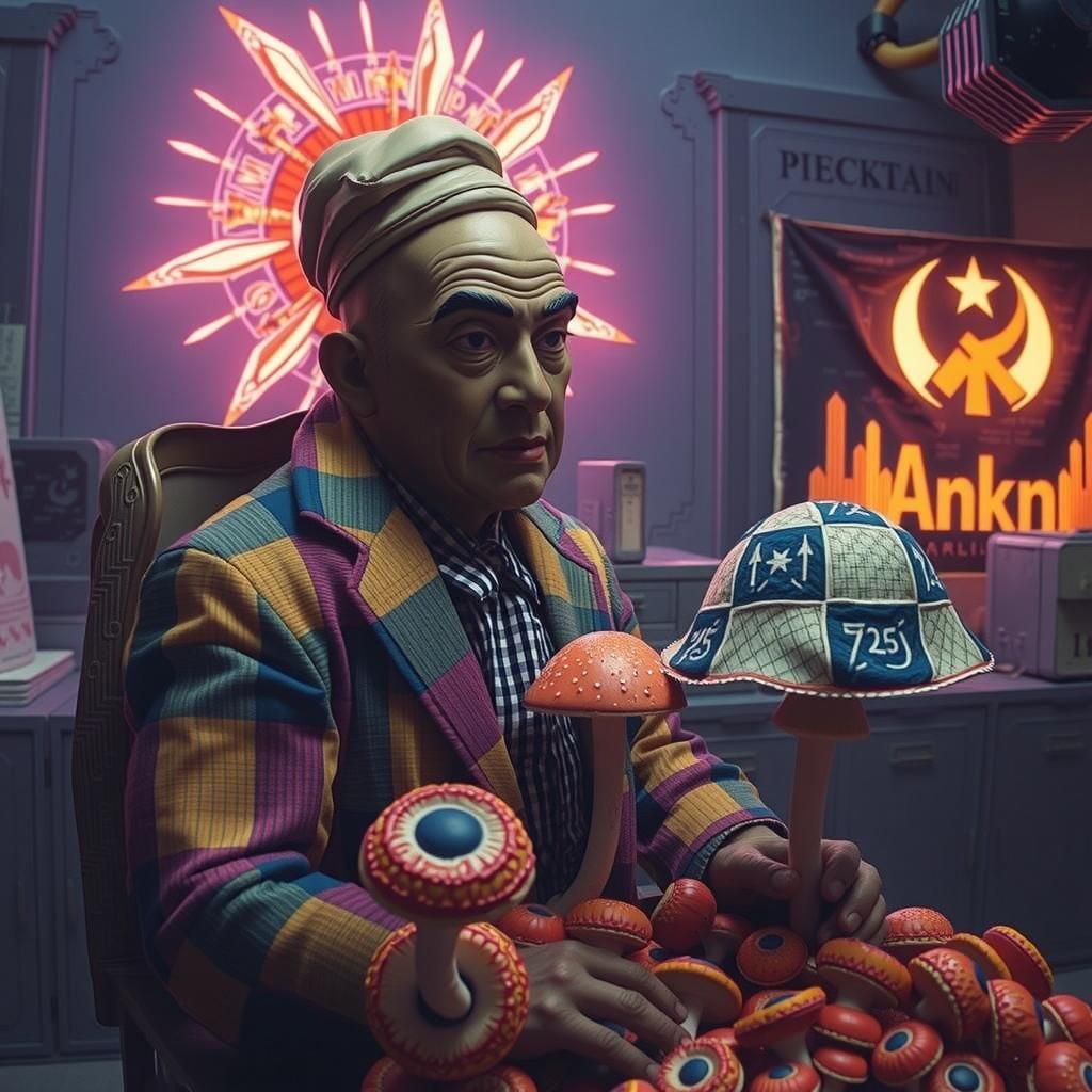 Porcelain Bureaucrats Counting Mushrooms in Futuristic Setti...