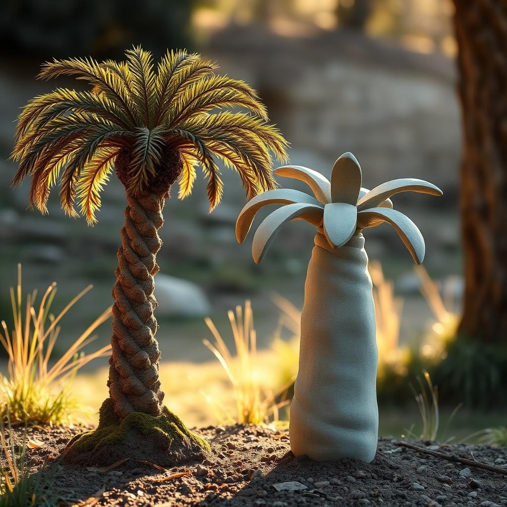 Earthy Palm Tree Sculptures in Natural Sunlight