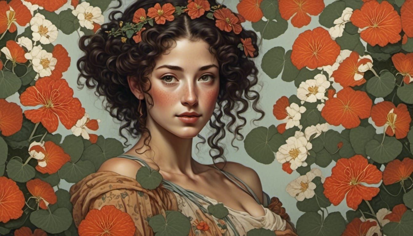 Goddess Among Nasturtiums in Ukiyo-e Style