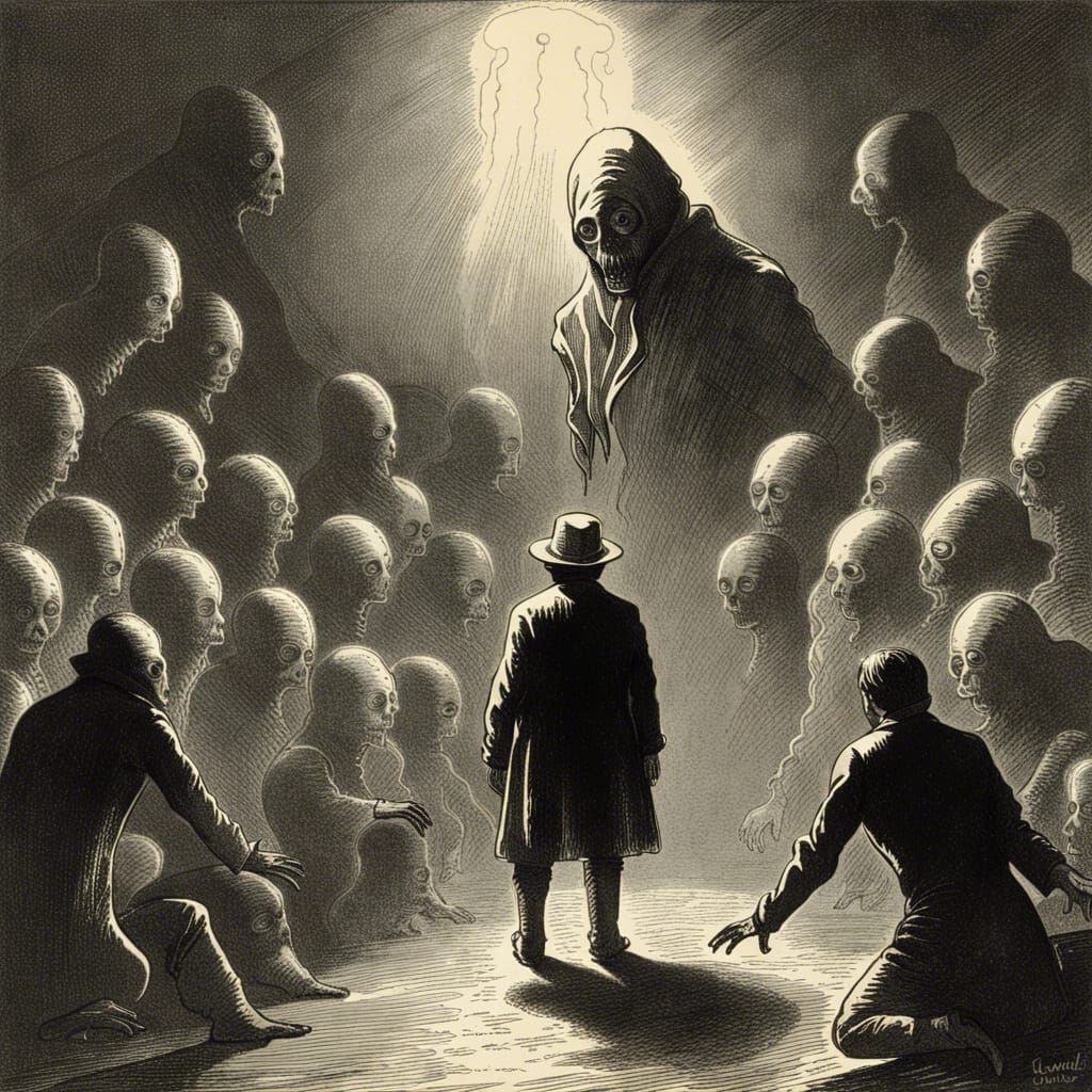 Frightened Man in Foil Hat Surrounded by Aliens