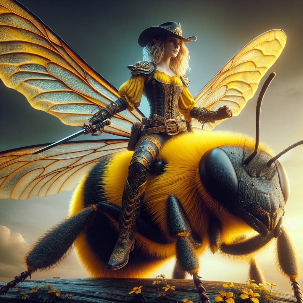 Vivid Fairy in Cowboy Outfit Riding Bumble Bee