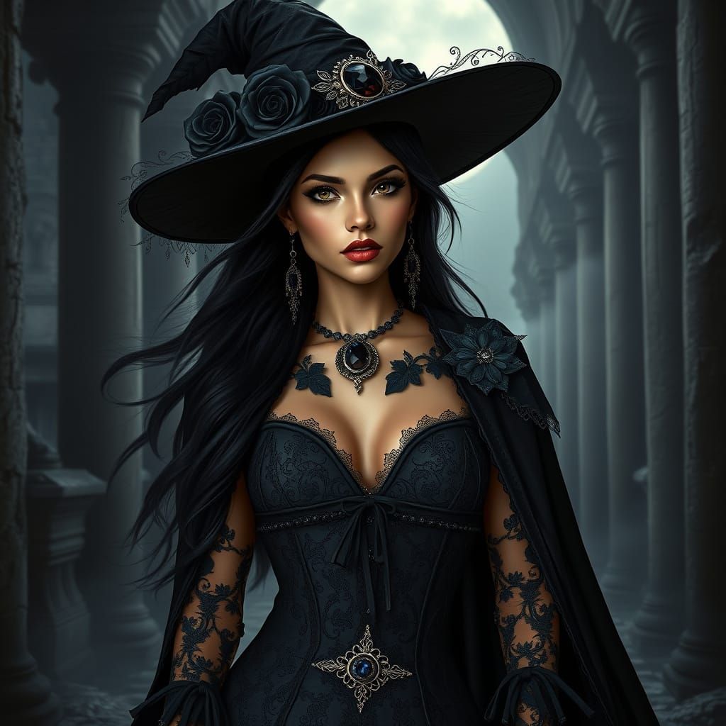 Gothic Witch in Ancient Ruin with Victorian-Inspired Ensembl...