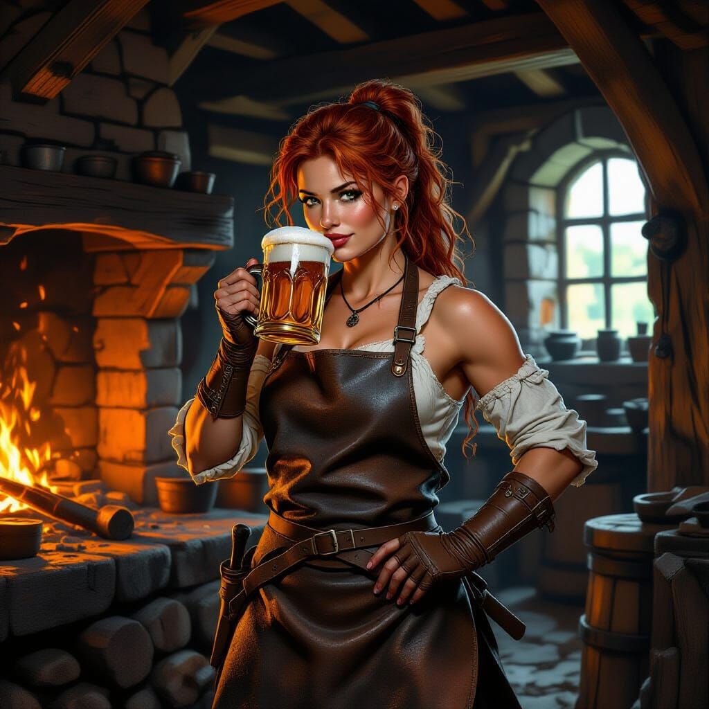 Redhead Blacksmith Drinks Ale in Medieval Forge