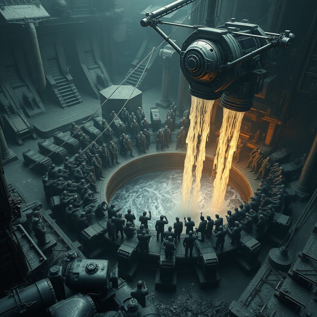 Dystopian Battle for Water: Men Pumping Water into Abyss