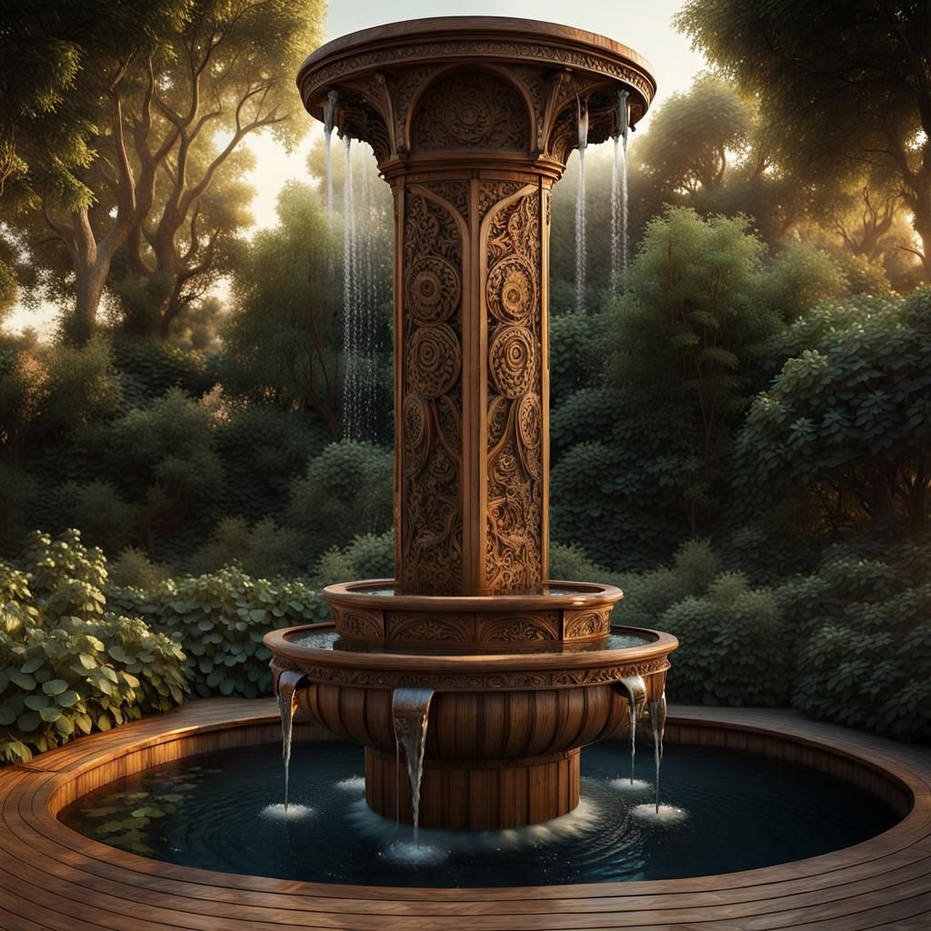 Mystical Wooden Fountain in Overgrown Garden