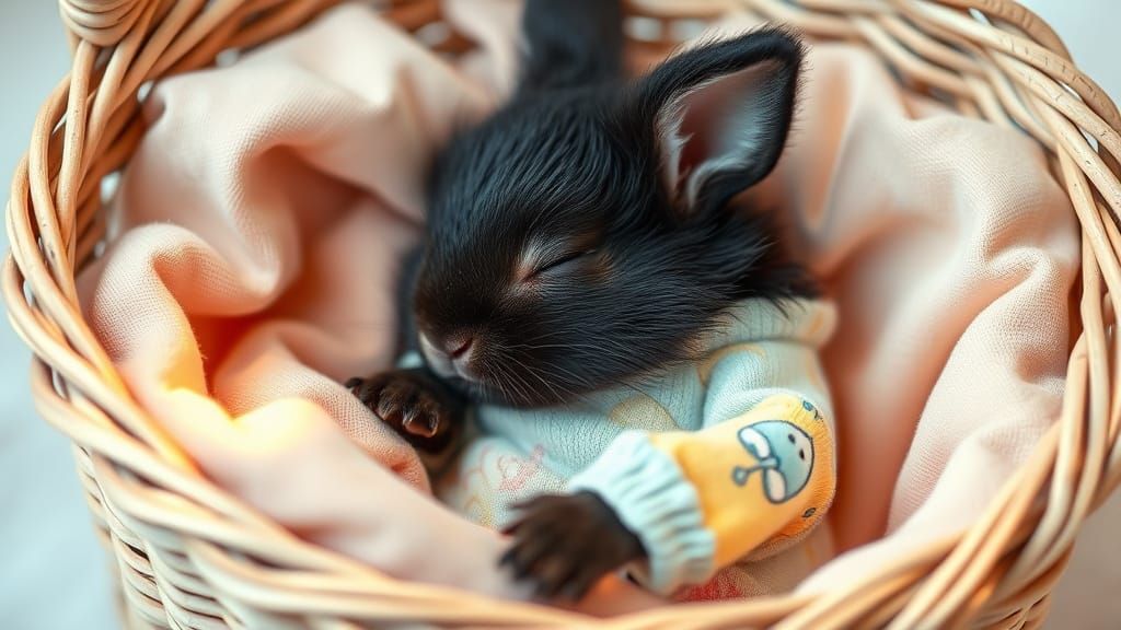 Adorable Baby Bunny Sleeping in Cozy Basket