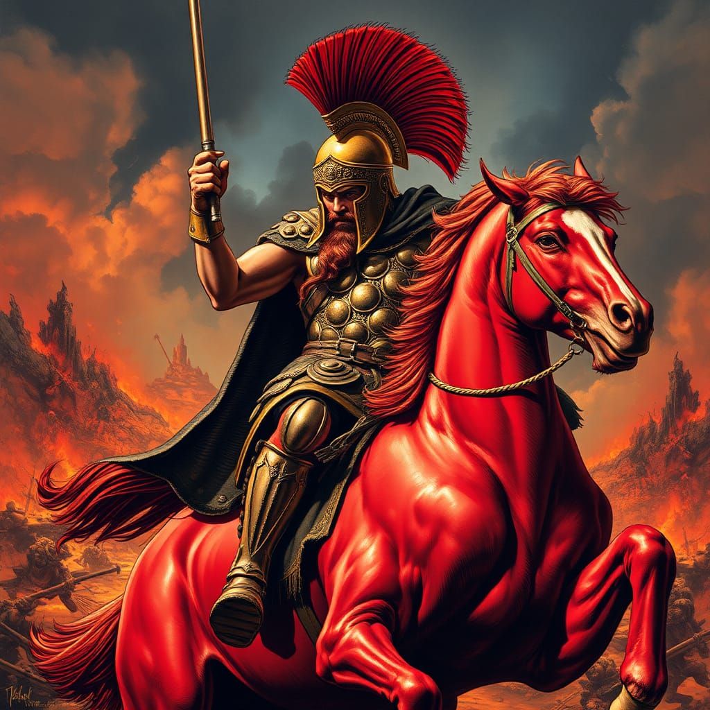 Ares, God of War, on Red Stallion in Dramatic Style